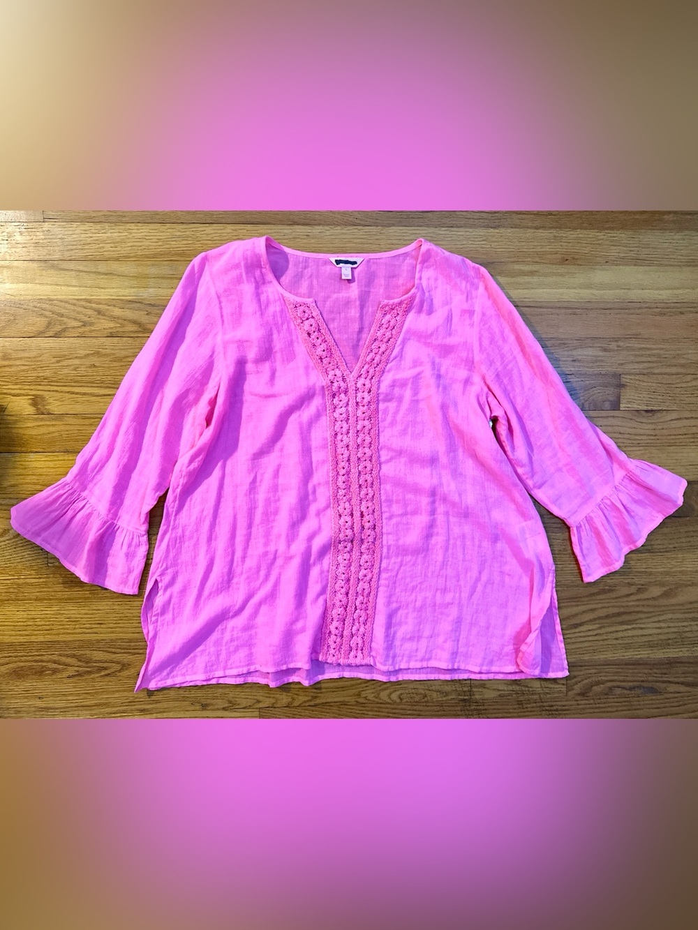 Lilly Pulitzer Large “Luci Tunic” in hot  "Pink Pout" V- neck, bell sleeves